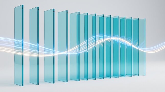 Light wave passing through vertical glass panels in a row with series parallel vertical wave travels