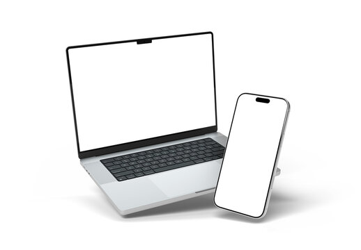 Modern laptop and smartphone mockup isolated on clean white background 3d rendering