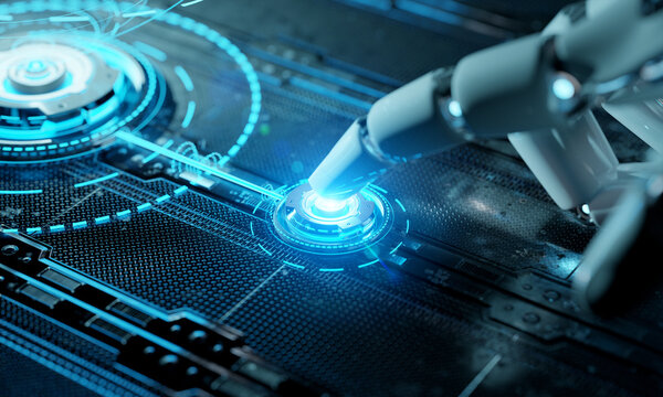 Robotic hand pressing a digital button activating holographic interface. Artificial Intelligence concept. 3D rendering
