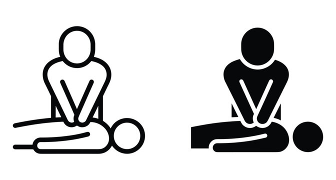 CPR first aid icon set showing person performing chest compressions on patient emergency
