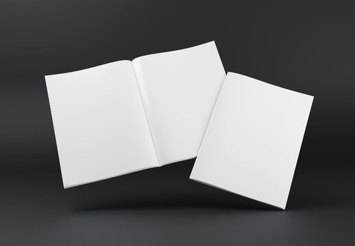 Magazine cover and open magazine Mockup floating on black background with shadows. 3D rendering
