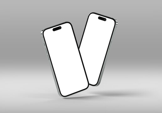 Two modern smartphone silver color. 3D rendering isolated mobile phone with shadow floating on grey Mockup