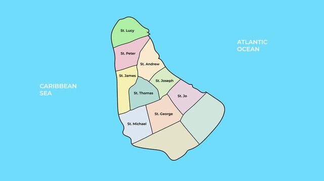 Barbados map with parishes and administrative divisions, Caribbean island country borders animation on white background