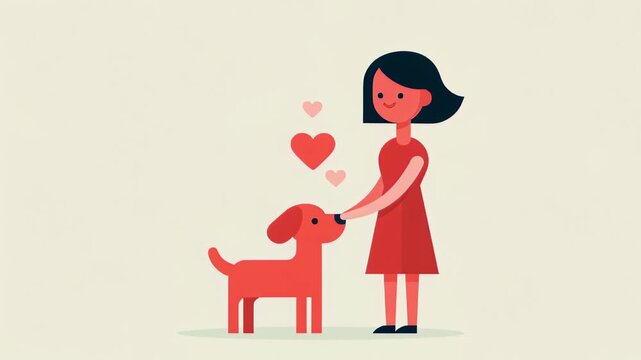 Minimalist animation showing a woman lovingly petting her red dog as hearts float between them, symbolizing the strong bond, friendship, and affection shared between a pet and its owner