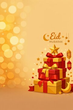 Eid mubarak festive gift stack with lanterns crescent and stars for greeting card and celebration background design