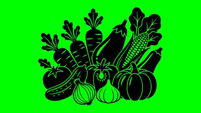 fresh illustration video animation harvest vegetable food silhouette organic logo healthy icon agriculture green raw diet vegetables market vegetarian outline nutrition natural vegan for green screen 