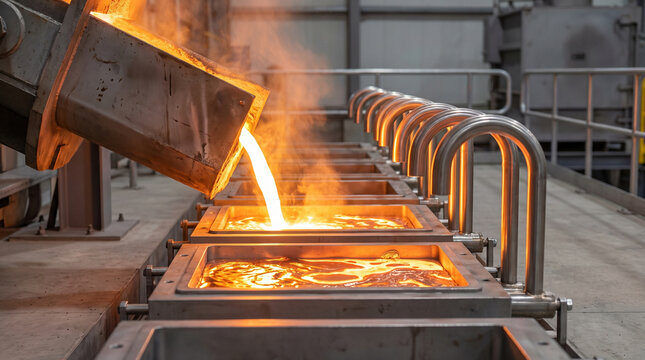 Bright molten copper pours into a row of rectangular casting molds with glowing heat and steam at a smelter