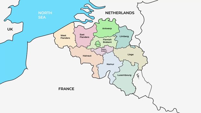 Belgium map with provinces and regions, Western Europe country administrative boundaries animation on white background