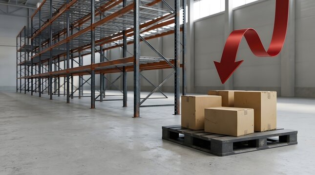 Cardboard boxes on a wooden pallet in an empty warehouse with a red arrow pointing down