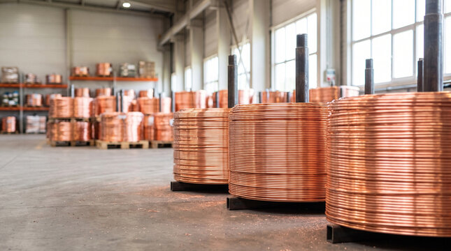 Rows of large copper wire coils stored on pallets inside a spacious industrial warehouse with bright windows