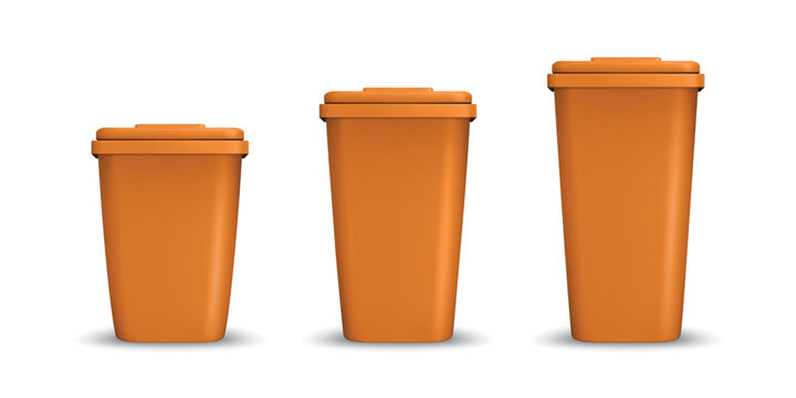 Orange Trash Bins, Vector Illustration. 3d Trash Bins in Three Sizes. Trash Bins Isolated for Outdoor Waste, Garbage, Recycling, Street Cleaning, City Parks, Public Spaces
