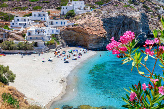 Elevated view of the beach at Agali, Folgenadros island, Cyclades, Greece, with turquoise sea