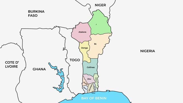 Benin map with departments and communes, West Africa country administrative boundaries animation on white background