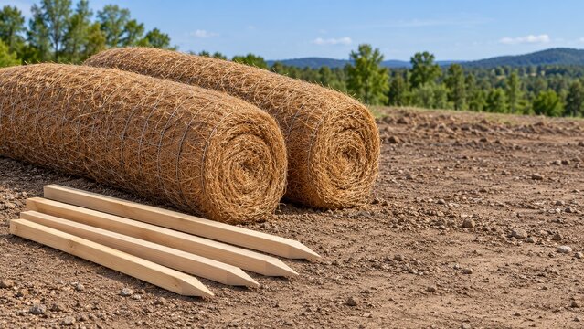 Coir Wattles and Wooden Stakes for Erosion Control