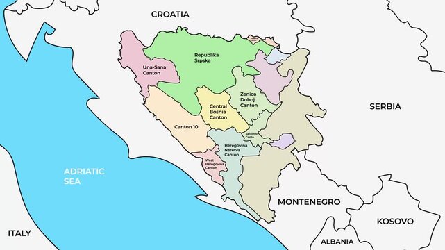 Bosnia and Herzegovina map with entities and cantons, Balkans country borders animation on white background