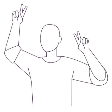 Piece gesture. Guy show v fingers line icon