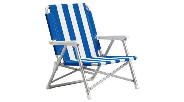 Blue-and-white striped folding lawn chair with durable fabric sling and lightweight collapsible frame, classic outdoor leisure design, photorealistic product photography, front three-quarter view,