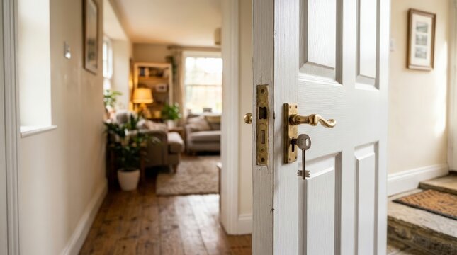 A close up view of a white interior door with a brass handle and a key inserted, opening into a cozy living room, illustrating a modern real estate property preview