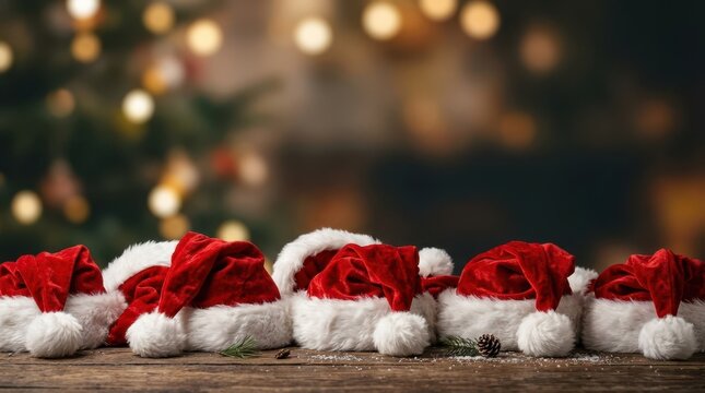 Charming winter holiday indoor setting showcasing a row of red velvet Santa hats with white faux fur trim on a weathered wooden surface against a backdrop of glowing Christmas tree bokeh lig
