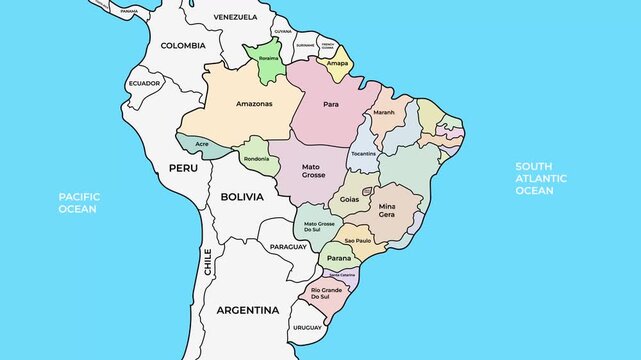 Brazil map with states and administrative regions, South America country borders animation on white background