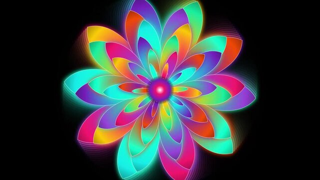 Vibrant neon flower animation: abstract psychedelic mandala motion background, with glowing rainbow, petals and pulsing, light effects