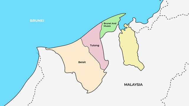 Brunei map with districts and mukims, Southeast Asia country borders animation on white background