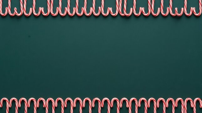 Festive winter holiday background featuring symmetrical top and bottom horizontal borders made of red and white striped candy canes against a solid dark green textured surface with copy spac