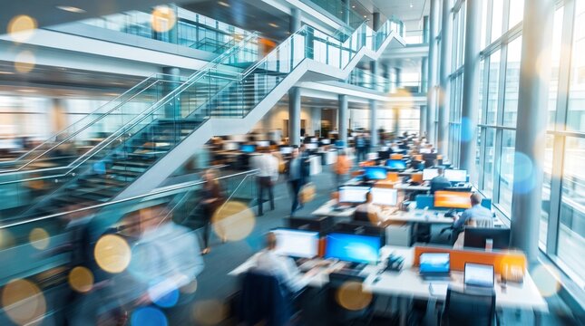 People working at computer desks in a spacious open plan office with motion blur and glowing light bokeh. Ideal for corporate website banners, business news articles, technology blogs.
