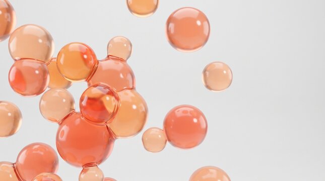 Floating transparent orange liquid spheres on a white background with against clean white float mid