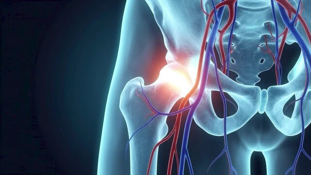3D medical illustration of a human hip joint showing glowing red pain or inflammation in the pelvis and femur with surrounding circulatory system vessels