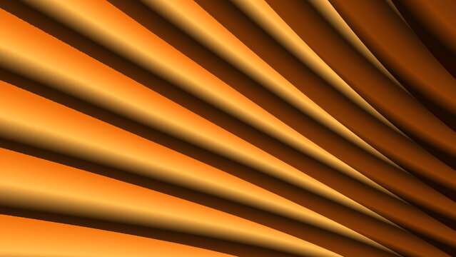 Abstract background of curved, diagonal stripes in warm orange, yellow, and brown tones with soft gradients and shadows &ndash; 3D Illustration