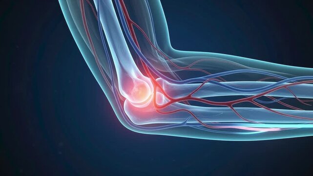 3D medical illustration of a human elbow joint showing acute pain and inflammation with visible blood vessels and bone structure