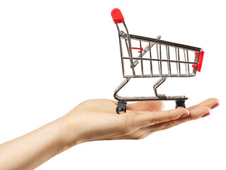 Small shopping cart held in a hand showing a unique perspective on retail items and shopping experiences © fotofabrika
