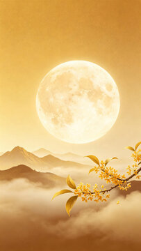 Golden full moon shining over osmanthus flowers and misty mountains