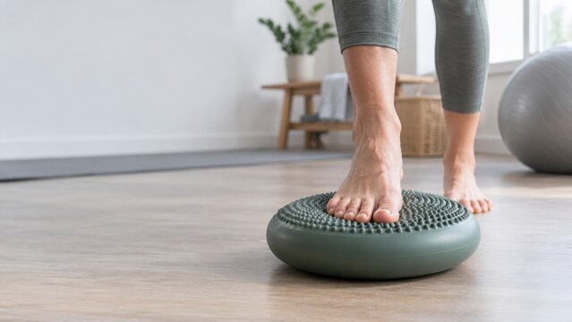 Person Balancing Barefoot on Green Textured Stability Cushion Performs Proprioception Exercises for Physical Therapy and Core Strength in Bright Studio