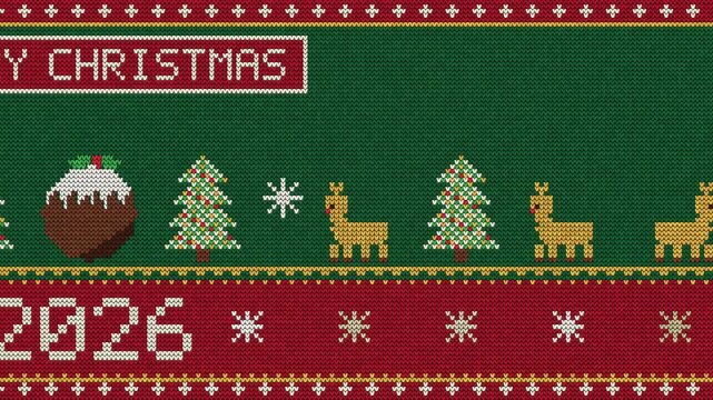 Ugly Christmas sweater pixel-art seamless loop animation, with a horizontal pattern scrolling fluidly to the right. 2026 changes to 2027, with swaying trees, bouncing reindeer, a centered pudding, and