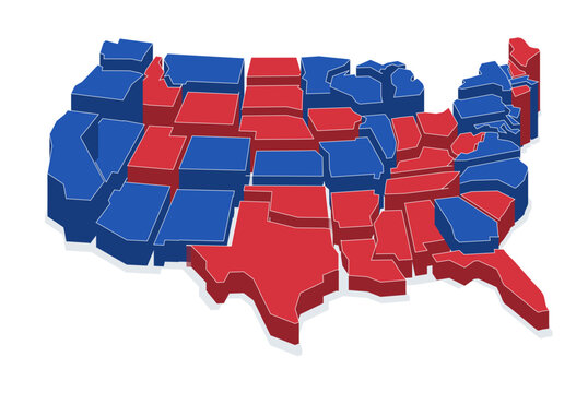 Separated 3D state columns in red and blue forming a map of the United States, election data concept