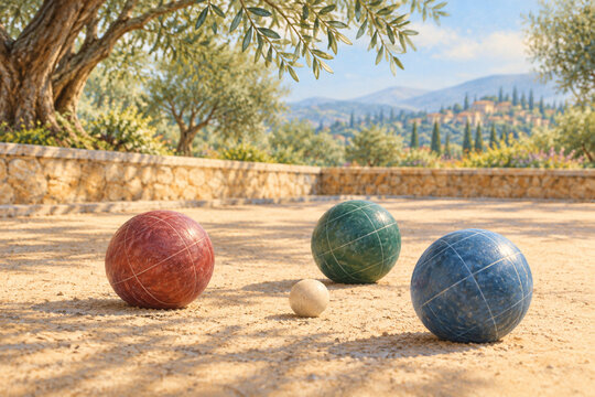 Bocce balls arranged beneath olive tree shadows in a detailed visual composition