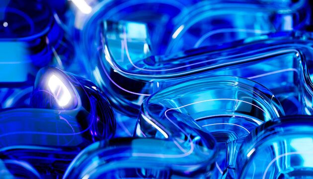 The abstract blue 3d glass maze shows a glowing light reflection