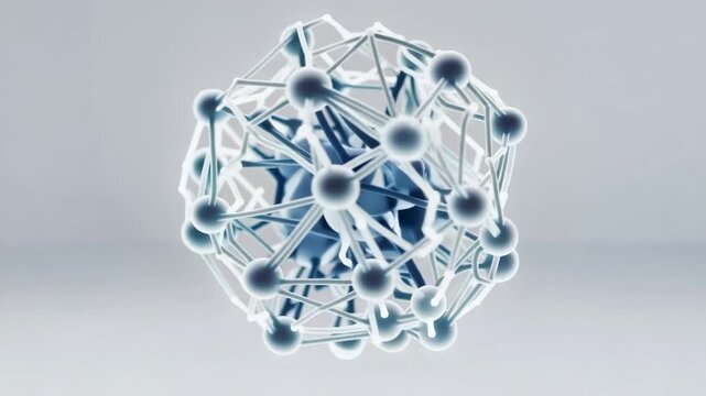 Abstract three dimensional network sphere expands and rotates in space with connected nodes and lines, representing digital connectivity, technology, and data visualization