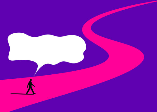 Silhouette walking on winding road with blank speech bubble