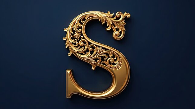 Elegant Golden Letter S Monogram with Intricate Filigree Ornamentation on Dark Blue Background