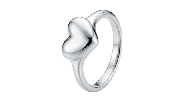 Heart ring, photorealistic polished metal ring with a sculpted heart-shaped centerpiece, elegant romantic jewelry with smooth reflective finish, front three-quarter view, tack-sharp focus,