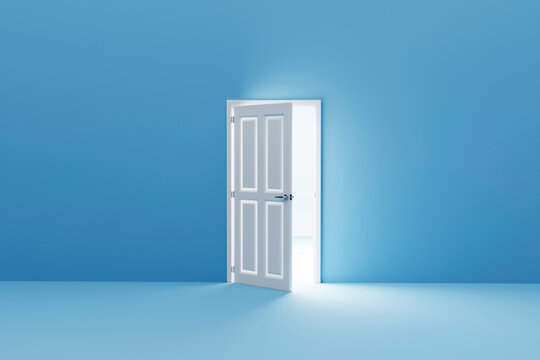 Open white door in a blue room revealing bright light