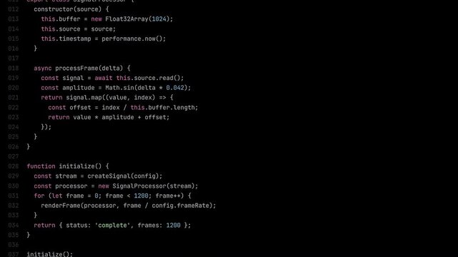 Computer programming source code script running on a black screen software