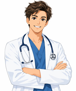 Young male doctor smiling, standing with folded arms