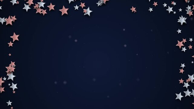 Dark navy blue background framed by rose gold and silver 3D stars with subtle twinkling sparkles. Seamless motion graphic loop ideal for luxury awards and holiday videos.