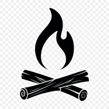 Campfire Icon with Flame and Crossed Logs, Vector Illustration. Black Bonfire and Firewood Silhouette Isolated. Camping, Hiking, Outdoor Adventure and Campsite Vector Illustration