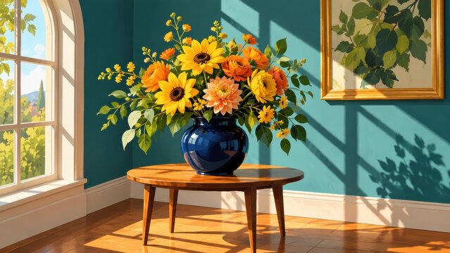 Sunlit bouquet of sunflowers and dahlias in a blue vase on a wooden table with arrangement sits round