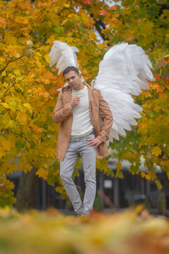 A full length conceptual shot of a mid adult man with large white angel wings wearing a beige coat, posing in a park against a background of yellow autumn maple trees.